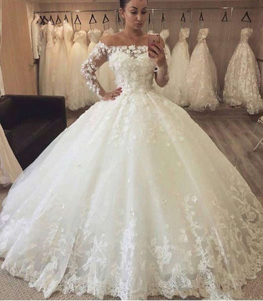 Ball Gown Wedding Dresses Off Shoulder Appliques Lace Long Sleeve Arabic Puffy Ball Gown Formal Bridal Gowns