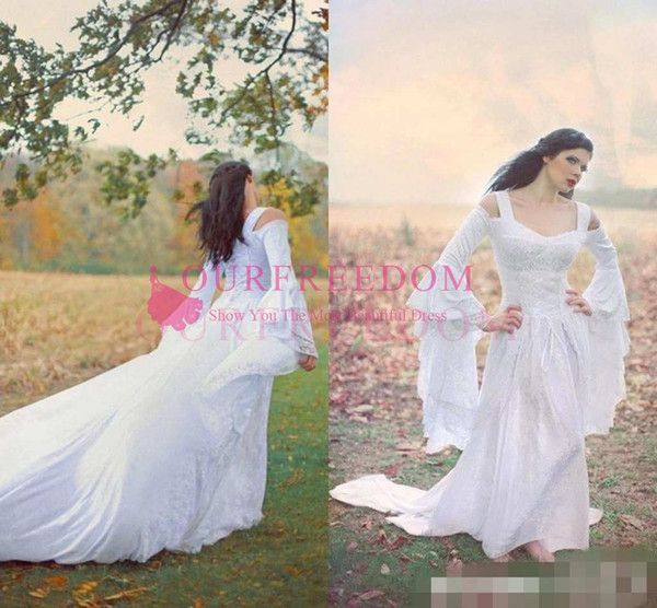 Renaissance Bell Sleeve Wedding Dress Full Lace Sweep Train Custom Made Celtic Medieval Bridal Gown