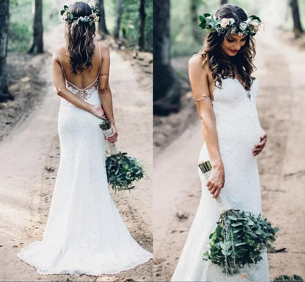 Mermaid Full Lace Wedding Dresses Spaghetti Straps Backless Sweep Train Garden Country Pregnant Bridal Gowns Plus Size