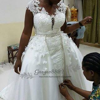 Nigerian African Mermaid Wedding Dresses with detachable train vintage Lace overskirt trumpet Wedding Gown plus size Bridal Dresses