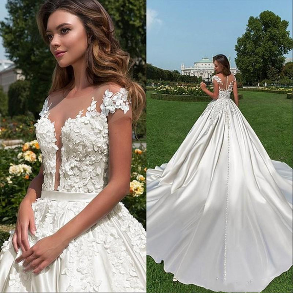 New Cap Sleeve Country Garden Wedding Dresses A Line Sheer Neck Lace Appliques Beaded Buttons Back Bridal Gowns