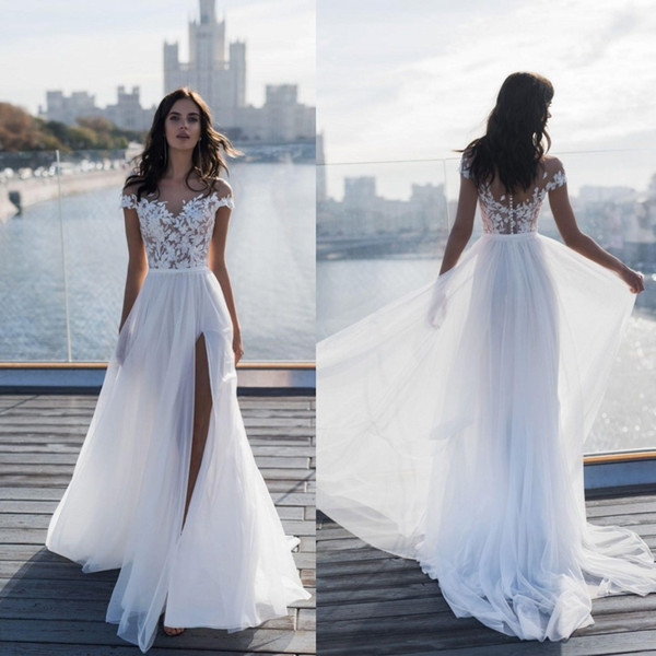 Beach Off Shoulder Chiffon A Line Wedding Dresses New Thigh-High Slits Bridal Gown Lace Appliques vestido de novia BC1924
