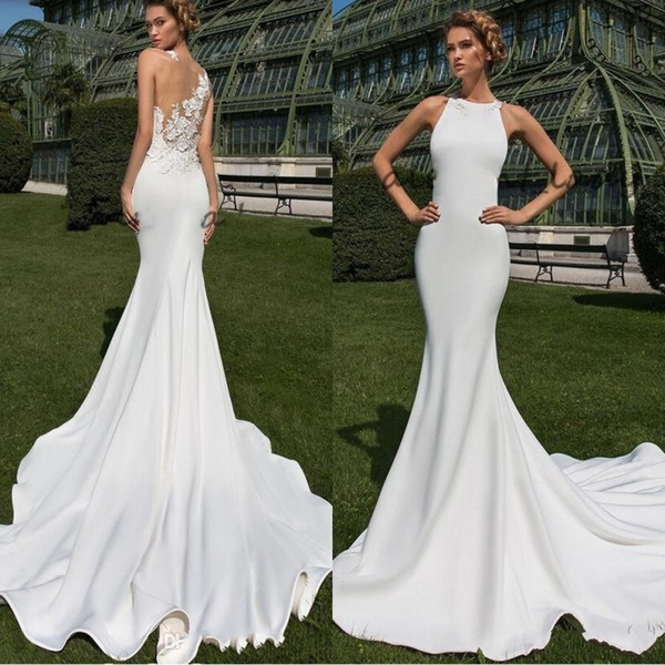 Sexy Beach Matte Stain Garden Mermaid Wedding Dresses Sheer Back with 3D Floral Lace Jewel Crystal Design Outdoor Bridal Dress