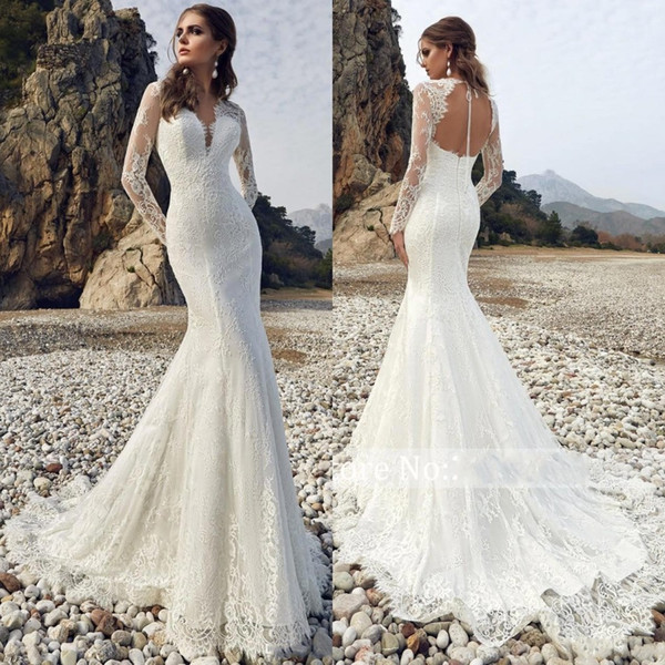 Long Sleeve Lace Mermaid Wedding Dresses Beach Sexy Deep V Neck Backless Appliques Vestido De Noiva Plus Size Bridal Gowns BC1921