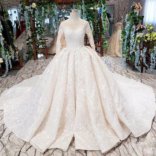 2022Latest Lebanon Wedding Dresses Long Tulle Sleeve Covered Button Illusion Neckline Sequins Pearl 3D Flower Flower Bridal Gowns Garden