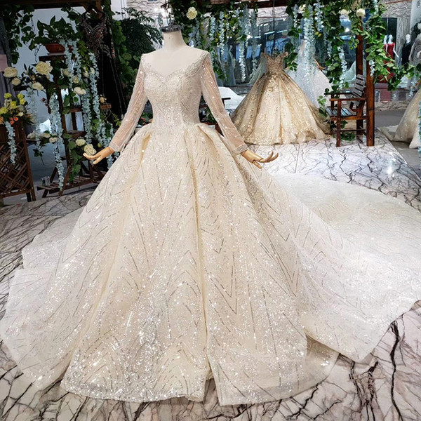 2022Latest Lebanon Wedding Dresses Long Tulle Sleeve Illusion Neckline Open Keyhole Lace Up Back Sequin Crystal Pattern Bridal Gowns Garden