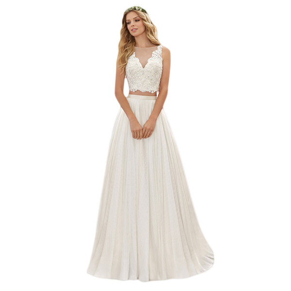 V-Neck Summer Lace Gauze Sleeveless Beach Wedding Dresses A-Line Yarn Tights Two-Piece White Bohemian Wedding Dress With Exposed Back
