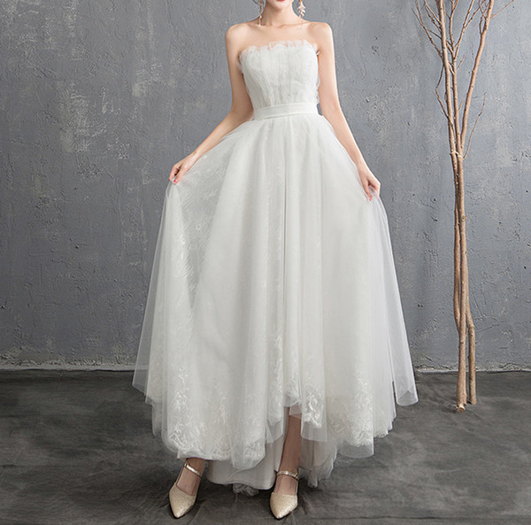 Ivory Ball Gown Lace Wedding Dress send with petticoat Hi Lo Wedding Dresses Stapless Lace-up Back Tulle with Floral Lace