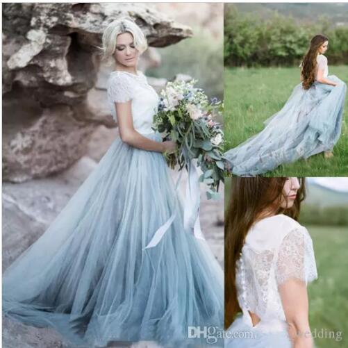 White and blue Wedding Dresses country western 2 pieces bridal gown summer beautiful short sleeve wedding dress