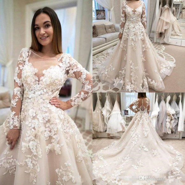 Long Sleeve Wedding Dresses Lace Applique Beads Jewel Neck Bridal Gowns Vintage Beach Wedding Bridal Gowns