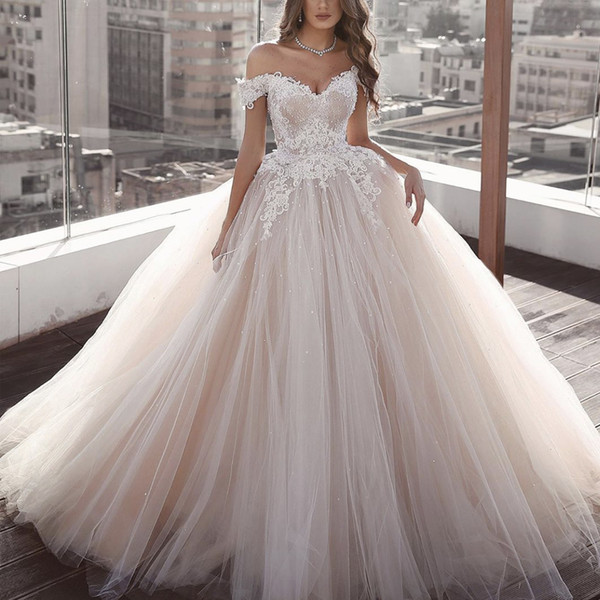 Ball Gown Wedding Dresses Lace Off the Shoulder Sweetheart Neckline Tulle Ball Gown Puffy Bridal Dresses