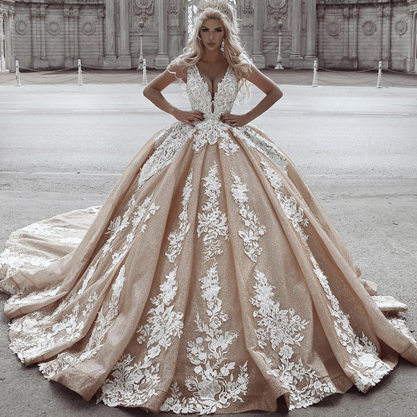 Sparkly Wedding Dresses 2019 Deep V Neck Lace Appliques Sequins Ball Gown Bridal Dresses Vestidos de Noiva