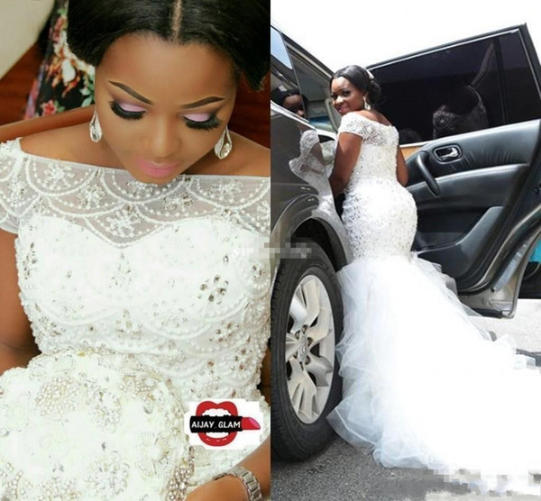 Hot African Nigeria Mermaid Wedding Dresses Off Shoulder Crystal Beaded Tiered Ruffles Court Train Custom Plus Size Formal Bridal Gowns