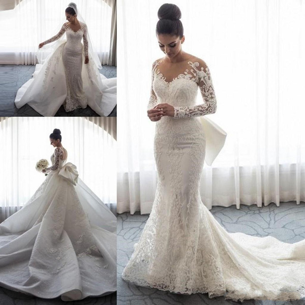 Luxury Mermaid Wedding Dresses Sheer Neck Long Sleeves Illusion Full Lace Applique Bow Overskirts Button Back Chapel Train Bridal Gowns