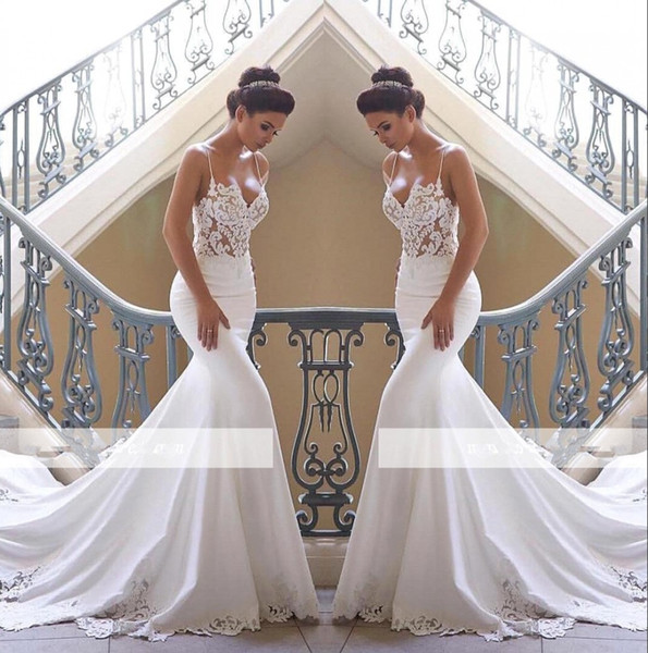 Spaghetti Straps Lace Mermaid Wedding Dresses Satin Lace Applique Sweep Train Wedding Bridal Gowns BC0190
