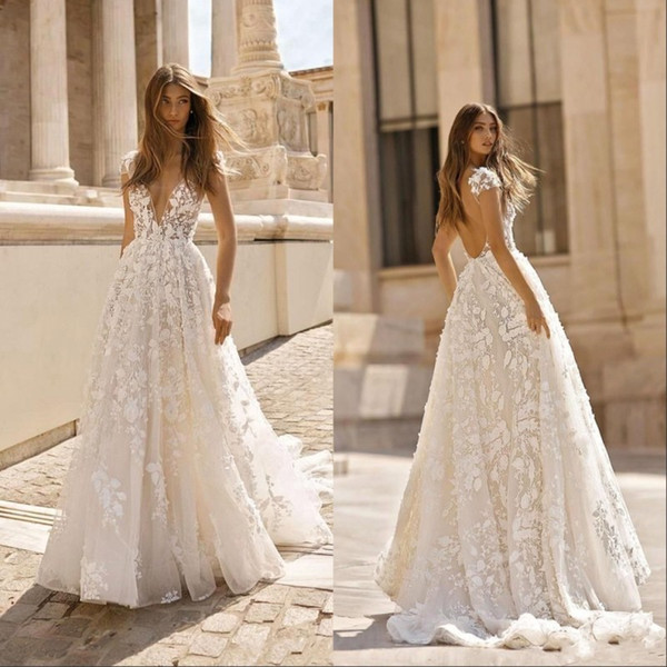 Vintage Bohemian Lace Applique Wedding Dresses Deep V Neck Backless Short Sleeves Bridal Gowns Sweep Train Boho Wedding Gown