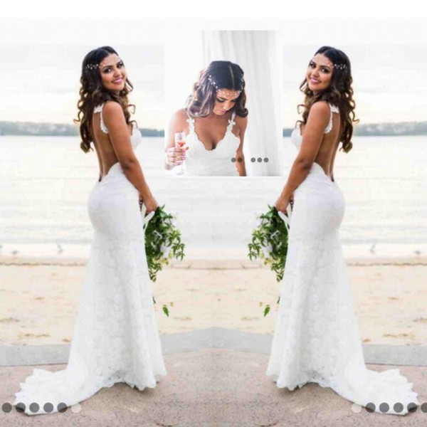 Sexy Lace Wedding Dresses Country Style Count Train Deep V Neck Backless Wedding Dress Hoho Cheap Handmade Mermaid Bridal Gowns Simple Wear