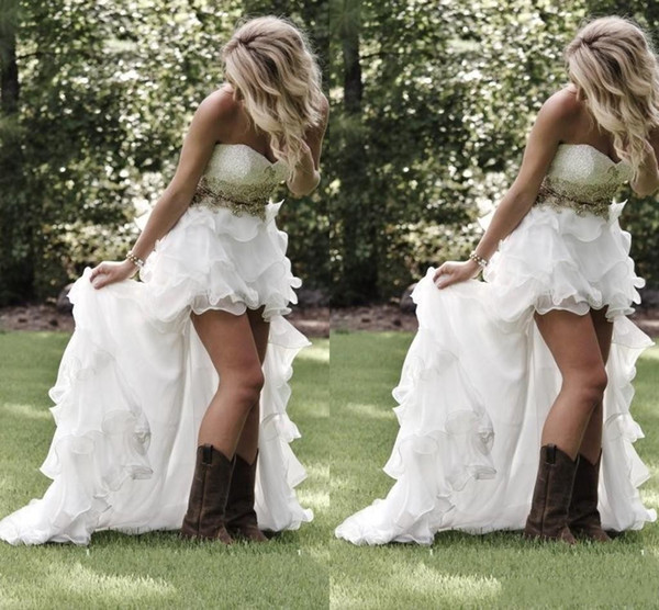 Modest High Low Country Style Wedding Dresses 2017 Sweetheart Ruffles Organza Asymmetrical Fitted Hi-lo White Bride Bridal Gowns