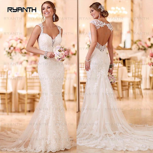 Sexy Open Back Lace Mermaid Wedding Dresses New Arrival 100% Real Photo Bride Dress Beach Long Train Wedding Gowns