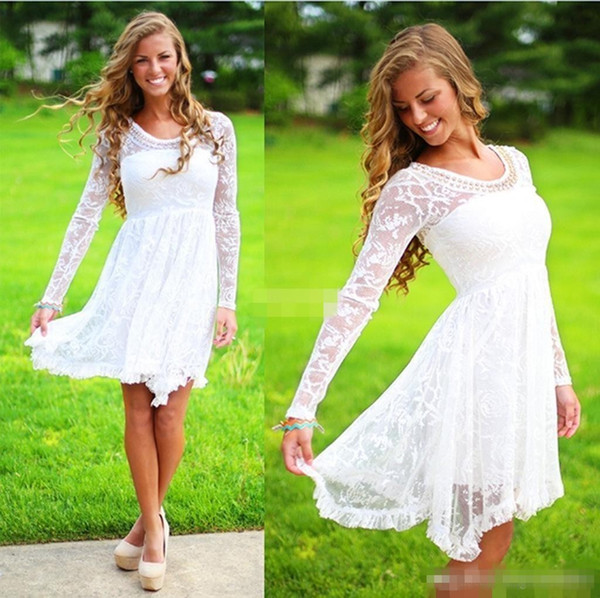 Short Casual Country Wedding Dresses With Long Sleeves Crystal Neckline Knee Length Full Lace Wedding Gowns Short Beach Bridal Dress 2017