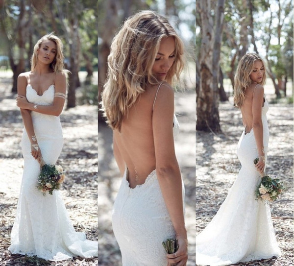 Spring Summer Bohemian Wedding Dresses Sexy Mermaid Spaghetti Straps Floor Length Backless Lace Bridal Gowns