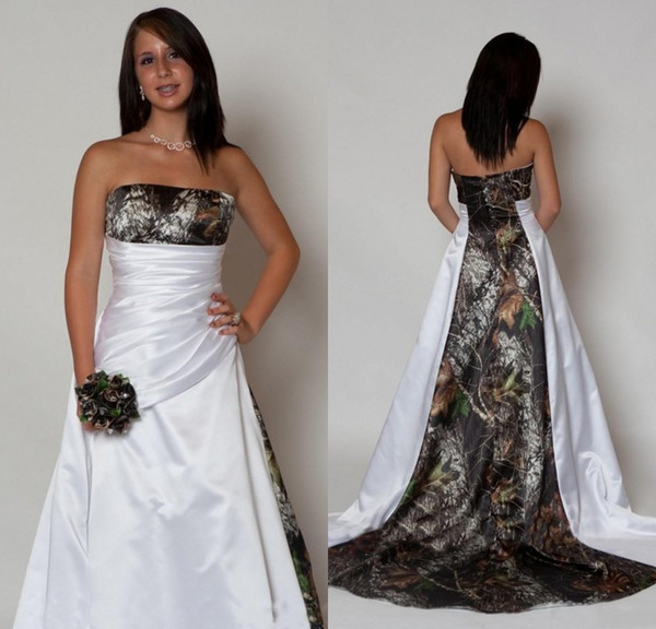 New Arrival Country Camo Wedding Dresses with Pleats Empire Waist A line Sweep Train Camouflage Strapless Bridal Gowns