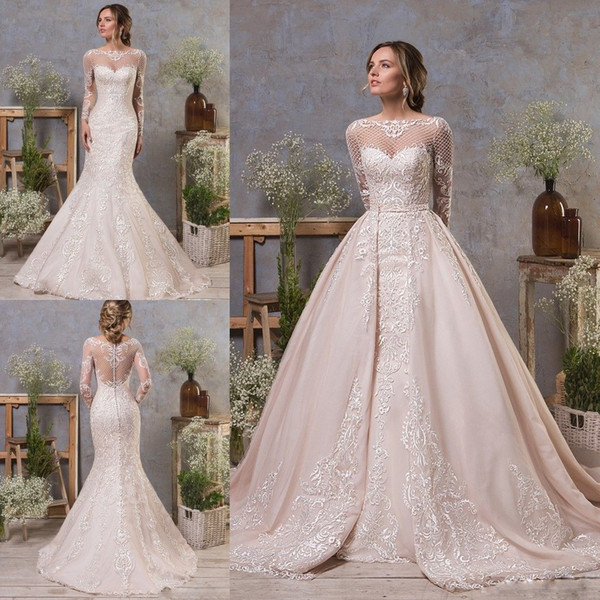 Gorgeous Mermaid Wedding Dresses With Detachable Train Jewel Neck Lace Appliqued Long Sleeve Bridal Gowns Custom Beach Wedding Dress