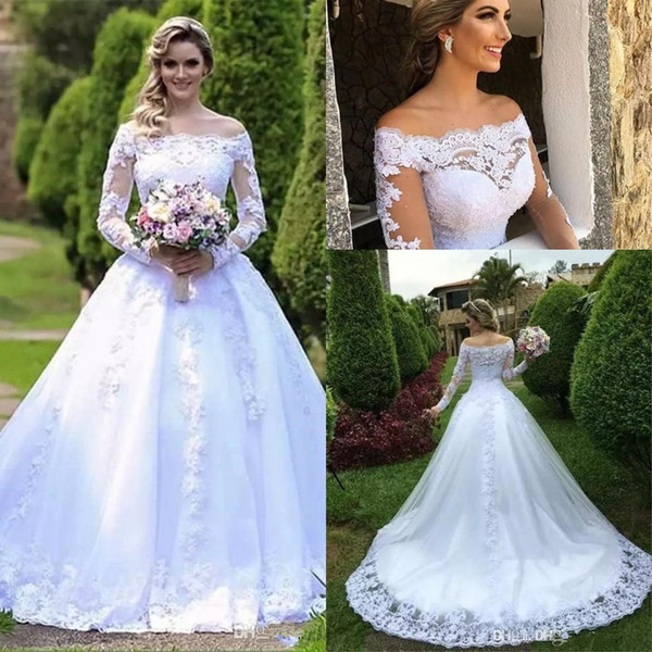 Elegant Long Sleeves Lace A Line Wedding Dresses Bateau Neck Tulle Applique Beaded Court Train Wedding Bridal Gowns