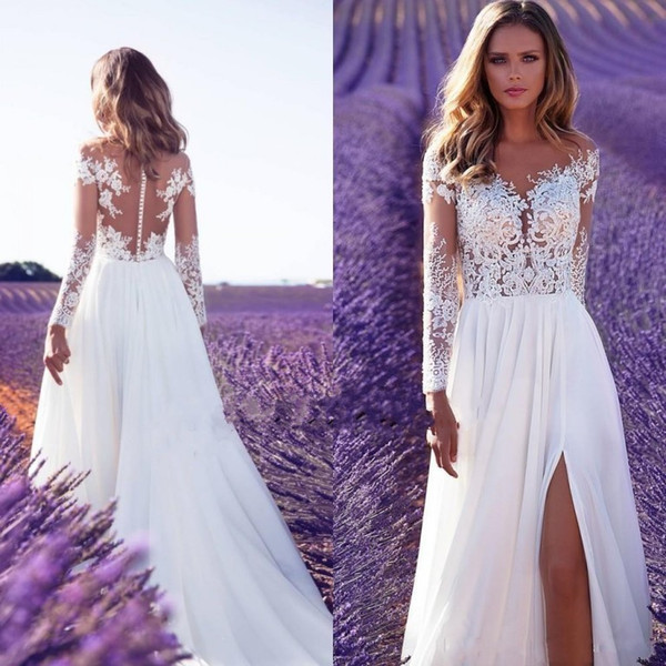 Summer Cheap Bohemian Lace Wedding Dresses Beach Sheer Neck Appliques Wedding Dress Long Sleeves Backless Bridal Gowns Robe de mariee