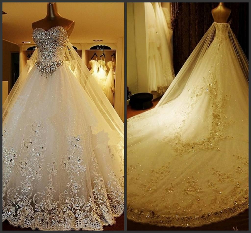 Luxury Crystal Wedding Dresses Lace Cathedral Lace-up Back Bridal Gowns 2016 A-Line Sweetheart Appliques Beaded Garden Free Sets Free Veil