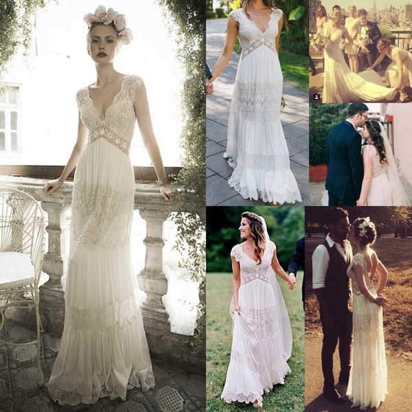 Vintage lihi hod Wedding Dresses Sheer Deep V Neck Backless Bohemia Lace Applique Wedding Gowns Chiffon Court Train Long Bridal Dress