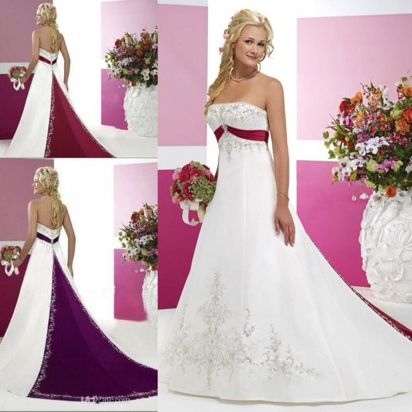 White and Red Wedding Dresses 2017 Strapless Bridal Gowns with Beaded Embroidery Empire Strapless Cathedral A Line Wedding Dresses