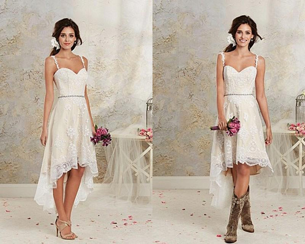 Vintage Spaghetti Lace High Low Wedding Dresses White Ivory Short Beach Bridal Gowns Custom Made Wedding Gowns 2015-2016
