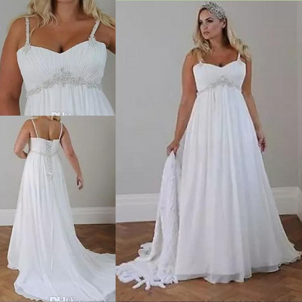 Crystals Plus Size Beach Wedding Dresses Corset Back Spaghetti Straps Chiffon Floor Length Empire Waist Elegant Bridal Gowns Sleeveless