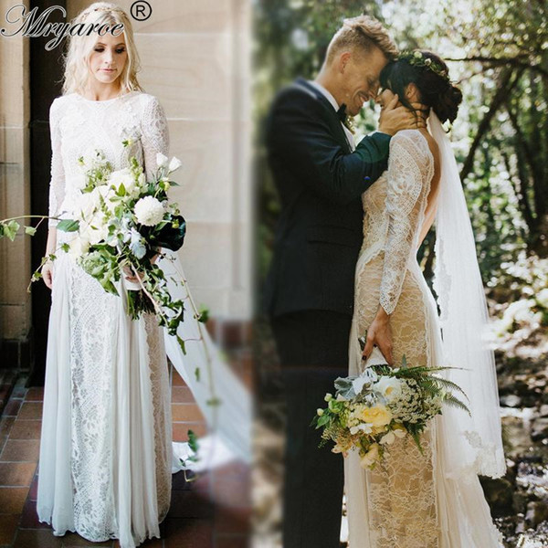 Vintage Lace Sheath Boho Wedding Dresses Sheer Illusion Long Sleeves Appliques Jewel Neck Applique Chiffon Bridal Gowns BC0590