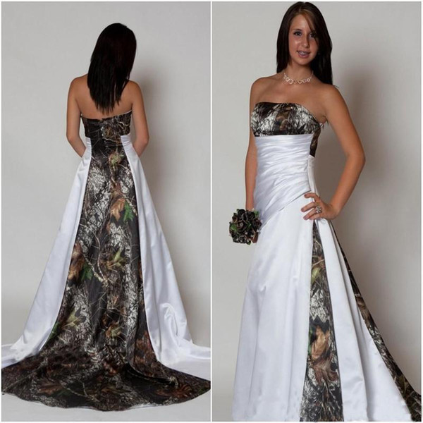 New Design Camo Wedding Dress Strapless Pleats A Line Sweep Train Satin Country Beach Bridal Gowns Plus Size Cheap Custom Made