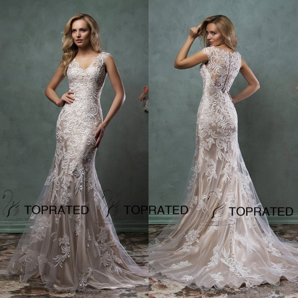 2016 Lace Wedding Dresses Mermaid Bridal Gown With Scoop Sheer Back Covered Button Ivory Nude Court Train 2015 Amelia Sposa Custom Made