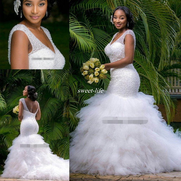 Vintage Plus Size Mermaid Wedding Dresses Beading Sheer Deep V Neck Backless Corset Ruffles Tulle 2016 Spring Garden Wedding Bridal Gowns