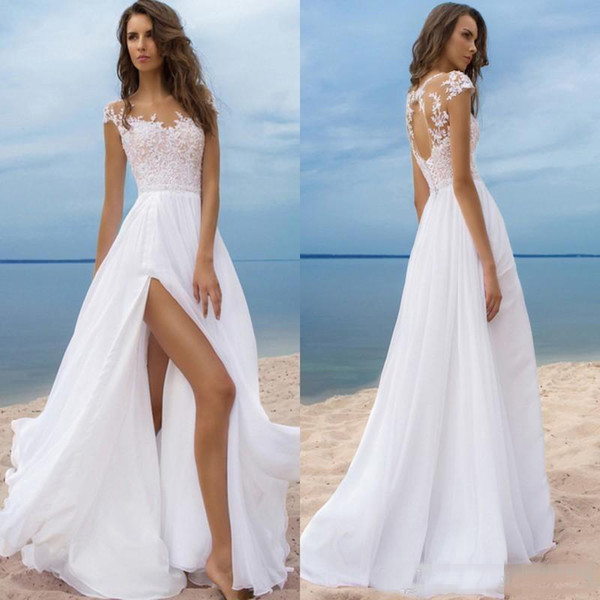 Luxury Beach Boho Wedding Dresses Short Sleeves Cheap Chiffon Long Bridal Gowns High Side Slit Backless robe de mariee Sheer Neck