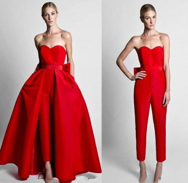 Krikor Jabotian Modest Red Jumpsuits Wdding Dresses With Detachable Skirt Strapless Bride Gown Bridal Party Pants for Women Custom Made