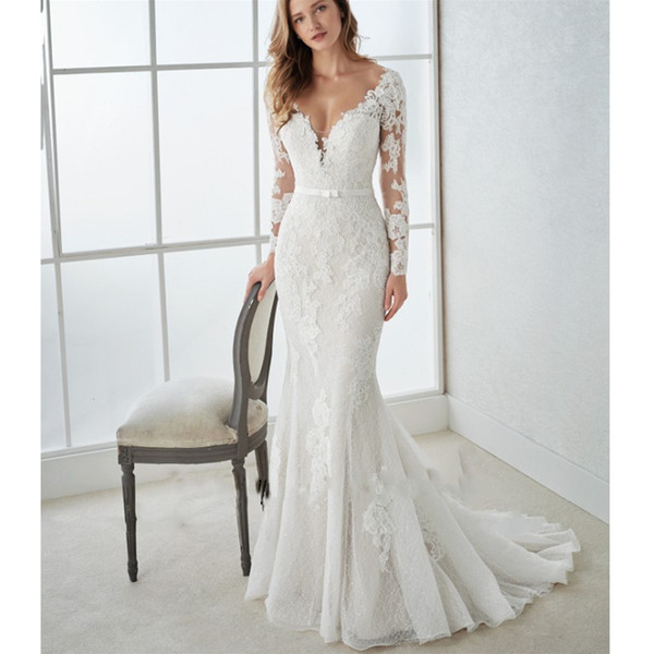 new white appliques mermaid bridal dresses long sleeves deep v neck country wedding gowns custom sweep train plus size wedding dress
