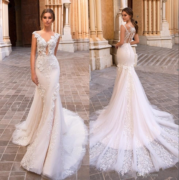 Gorgeous Mermaid Lace Wedding Dresses Sheer V Neck Cap Sleeves Bohemian Bridal Gowns Appliqued Plus Size Vestidos De Nnovia