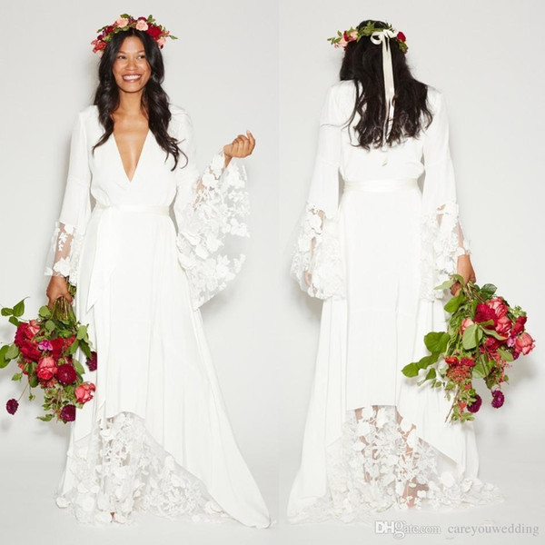 Simple Lace Wedding Gown Bridal Dresses Long Sleeves Deep V Neck Floor Length Wedding Dresses Plus Size White Chiffon Bridal Gowns Custom