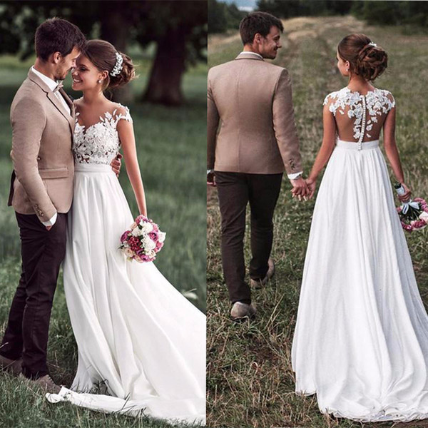 Hotsale Chiffon Wedding Dresses Lace Cap Sleeves Bridal Gown Sweep Train Covered Button Illusion Back Elegant Beach Wedding Gown