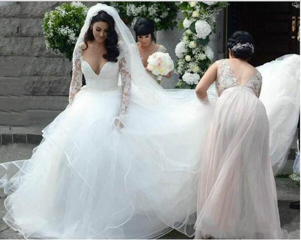 V Neck Lace Wedding Dresses Long Sleeves Tulle Sweep Train A Line Long Bridal Wedding Gowns