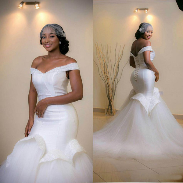Elegant Off Shoulder Mermaid Wedding Dresses 2016 Ruffle Sleeveless Beads Arab Bridal Dress Sweep Train Real Image Lace Up Wedding Gowns