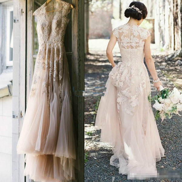 2016 Vintage Blush pink A-Line Tulle country Wedding Dresses Sheer V Neck Applique Floor Length Custom Made Plus Size Bridal Gowns Cheap