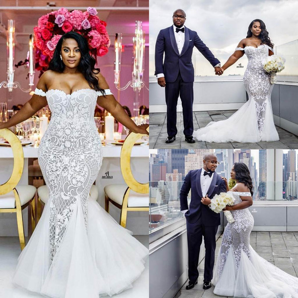 Plus Size Mermaid Wedding Dresses Off Shoulder Sweetheart Neck Trumpet Lace Bridal Gowns Sweep Train Appliqued abiti da sposa Wedding Dress