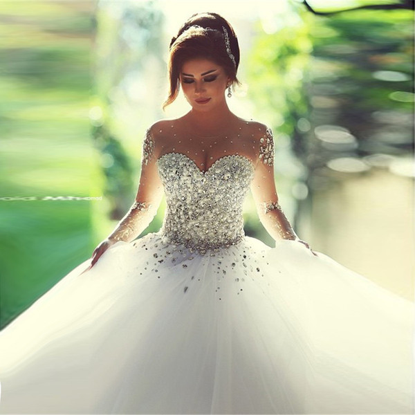 Saidmhamad Sheer Sweetheart Heavy Crystals Ball Gowns Long Sleeves Wedding Dress In Stock Bridal Dress vestido de noiva