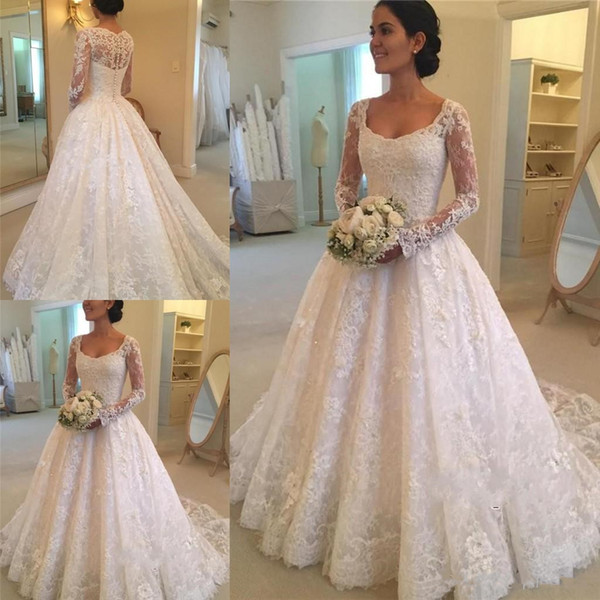 Latest Hot Sale Scoop Neck A-line Long Sleeve Lace Wedding Dresses Button Back Appliques Beaded Bridal Wedding Gowns